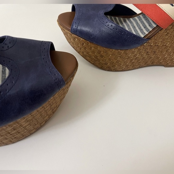 Y2K Jessica Simpson Leather Blue and Red Wedge Sandals Nautical Design Summer - Picture 5 of 14